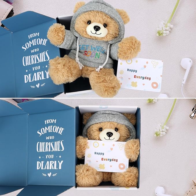 Get Well Soon Teddy Bear Stuffed Animal with Gift Box Removable Hoodie for Comfort and Love, for Kids, Women & Men in Tough Time, Get Well Soon Gifts Basket with Beautiful Greeting Card