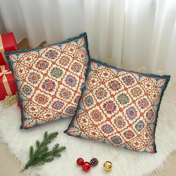 Boho Throw Pillow Covers 16x16 inch Set of 2,Boho Vintage Carpet Pattern Antique Ethnic Decor Double Sided Pattern Cushion Cover Soft Pillow Case Living Sofa Room Bed Square Pillow Cover