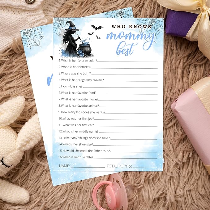 Hilarious Baby Shower Games, 25 Sets Halloween Who Knows Mommy Best, Blue Witch Gender Reveal Party Game Cards for Baby Announcement Supplies - B04