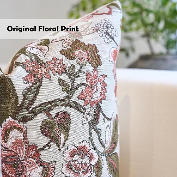 Neutral Floral Pillow Cover 12x20, Vintage Linen Lumbar Pillow Cover Soft Decorative Farmhouse Accent Pillow Case for Couch Bedroom Living Room Home Decor, Red