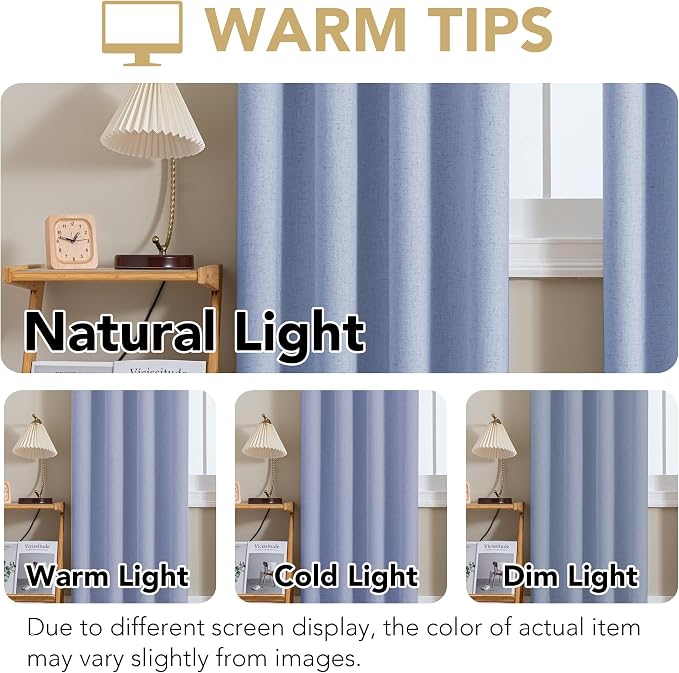 H.VERSAILTEX Linen Curtains 100% Blackout Curtains for Bedroom 90 inch Long Full Light Blocking Nature Linen Blended Window Curtains for Living Room Nickel Grommet (2 Panels, Heathered Chambray Blue)