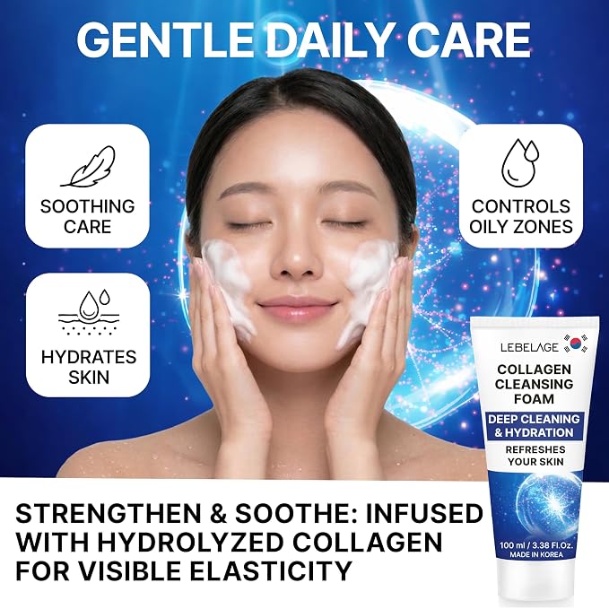 LEBELAGE Korean Collagen Facial Cleanser 3.38 oz | Cleansing Foam Face Wash | Low pH Gentle Hydrating Daily Facial Cleanser Sensitive Skin