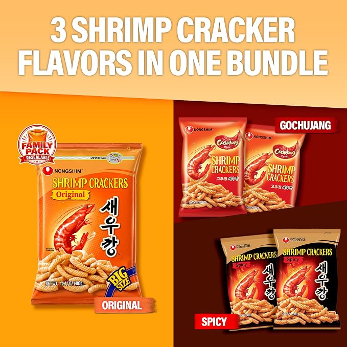 Nongshim Shrimp Chips 3-Flavor, Crispy Korean Snack Variety, 5 Count