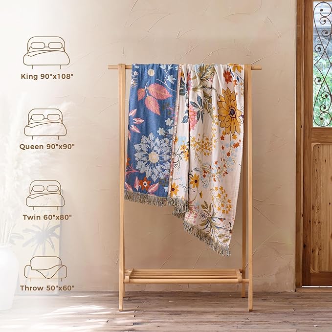 LUTBM Boho Throw Blanket for Couch 50"x60", Cotton Decorative Bed Throws | Reversible Floral Embroidery, All-Season Blankets, For Chair Sofa Bedroom Living Room, Lightweight & Breathable, Home Decor