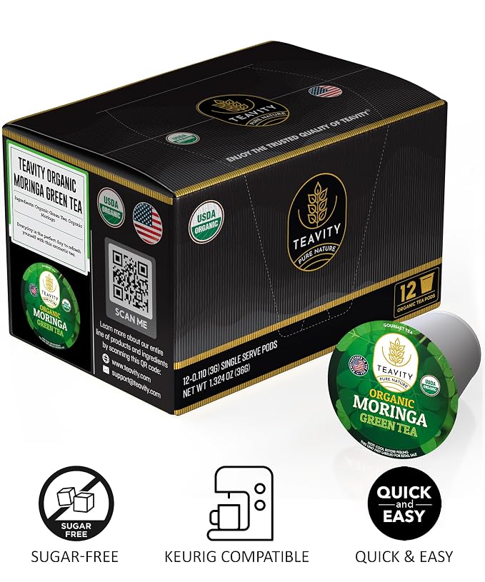 Organic Moringa Green Tea Pods for Keurig - Naturally Caffeinated by Teavity (24 Tea Pods)