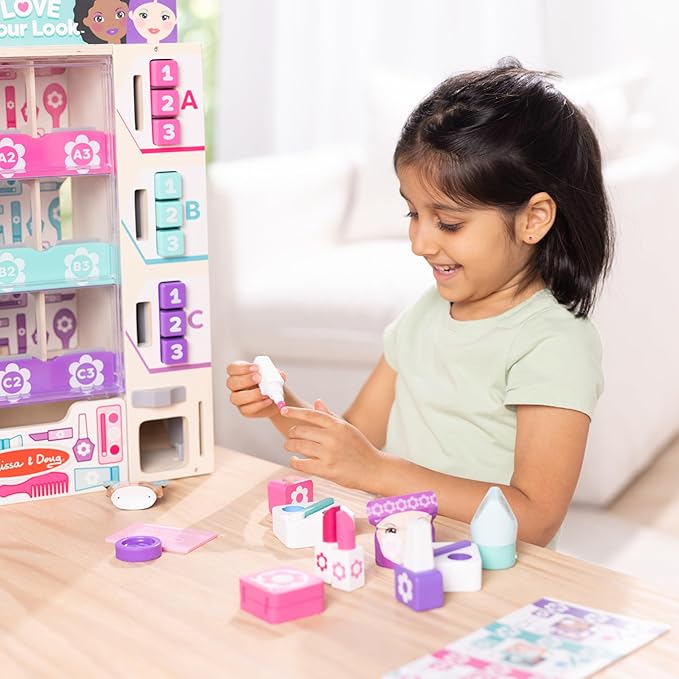 Melissa & Doug Sort, Stock, Select Beauty Kiosk Vending Machine Play Set, Pretend Makeup Wooden Toy for Boys and for Girls 3+ - FSC Certified