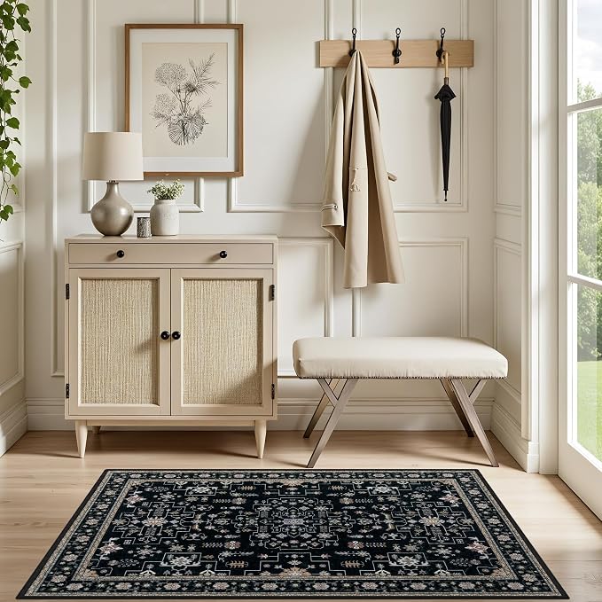 2x3 Area Rugs Living Room Rug: Washable Vintage Boho Medallion Rug No Slip Stain Resistant Soft Carpet Indoor Floor Large Carpets for Bedroom Dining Room Farmhouse Nursery Hallway Home Office Black