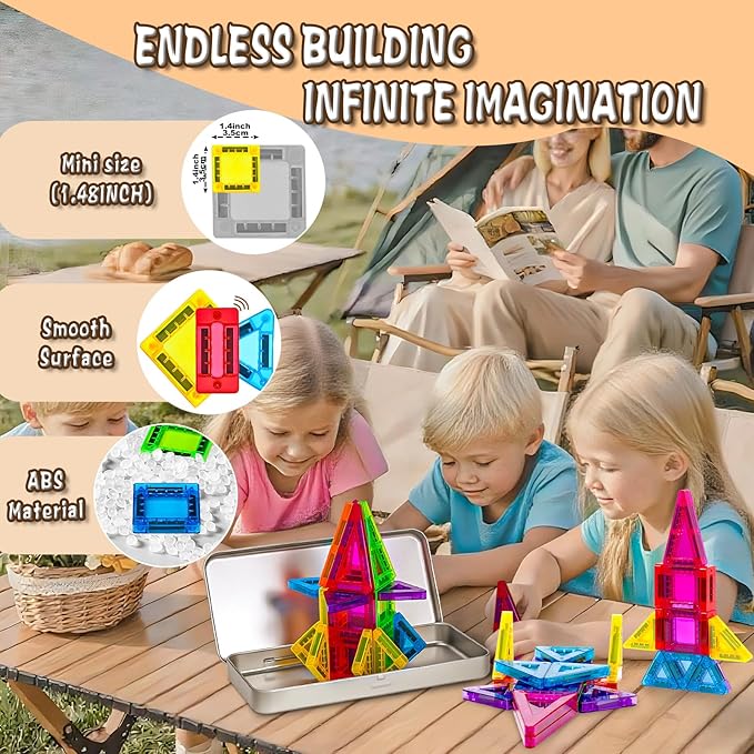 Mini Magnetic Tiles with Iron Box for Kids Ages 3-5,Travel Magnet Mini Building Blocks Plane Toys for Boys Girls Toddlers Preschool STEM Construction Christmas Birthday Gifts -36PCS