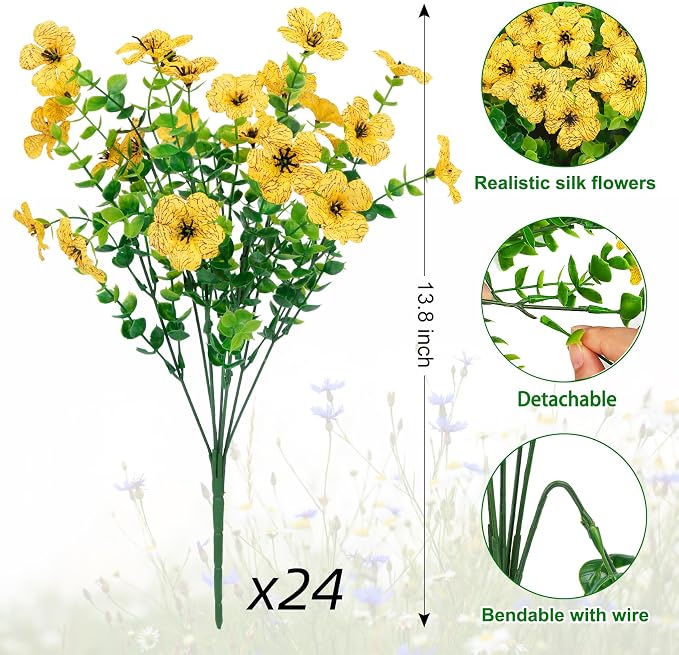 Ouddy Decor 24 Pcs Artificial Flowers for Outdoors Decorations, Yellow | Lifelike silk flowers, UV resistant, faux plastic plants, for garden porch window table vase home indoor outdoor decor