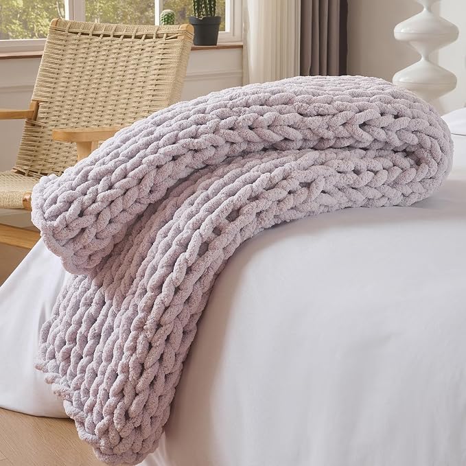 Bigacogo Chunky Knit Throw Blanket for Couch, 40x60 inches, Berry Haze | Hand Knit with Jumbo Chenille, Soft Breathable Cable Knit for Sofa Bed Living Room, Machine Washable, Gift for Mom Friend