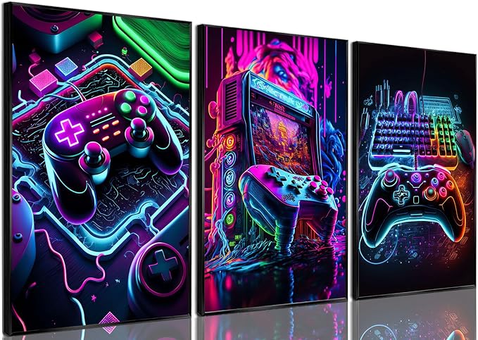 BGFCE Game Room Decor Posters Set of 3 - Neon Gaming Accessories Theme Canvas Wall Art, Gamer Console Paintings Picture Wall Decor for Children Youth Boys Bedroom 12x16 inch Unframed