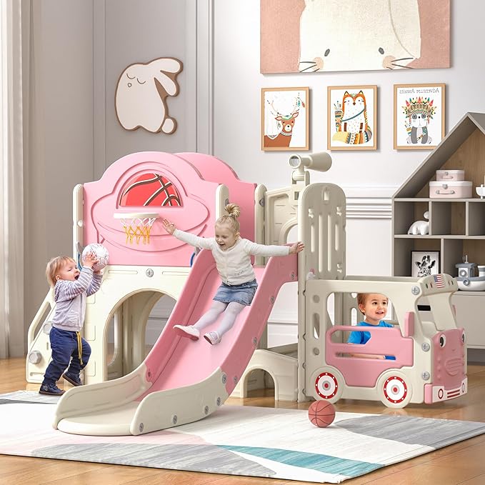 NYEEKOY 9 in 1 Toddler Slide, Bus-Themed Kids Slide and Climber Playset with Basketball Hoop, Ring-Toss, Car Playhouse, Toy Telescope, Freestanding Indoor and Outdoor Playground for Baby Age 3+