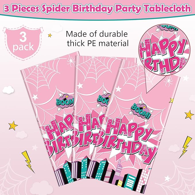 3Pcs Spider Birthday Party Tablecloths, Disposable Plastic Cartoon Spider Tablecloth Pink Hero Table Cover for Rectangle Table Girl’s Birthday Party Supplies, 54x108 inches
