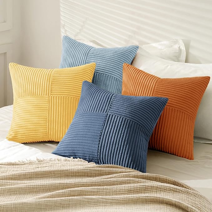 MIULEE Summer Yellow Blue Decorative Throw Pillow Covers 18x18 Inch Set of 4 Soft Corduroy Boho Patchwork Pillow Covers Modern Farmhouse Bright Home Decor for Sofa Living Room Couch Bed