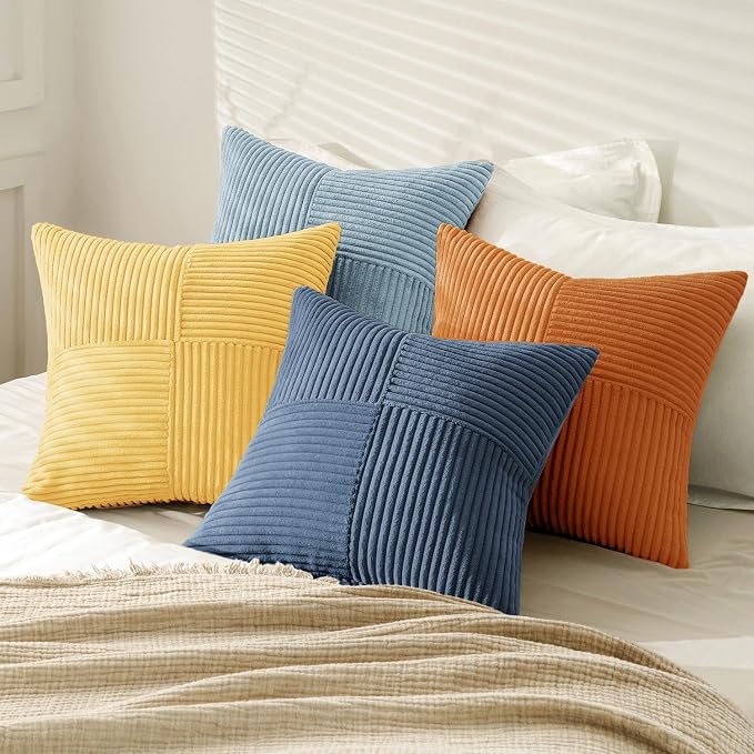 MIULEE Summer Yellow Blue Decorative Throw Pillow Covers 20x20 Inch Set of 4 Soft Corduroy Boho Patchwork Pillow Covers Modern Farmhouse Bright Home Decor for Sofa Living Room Couch Bed