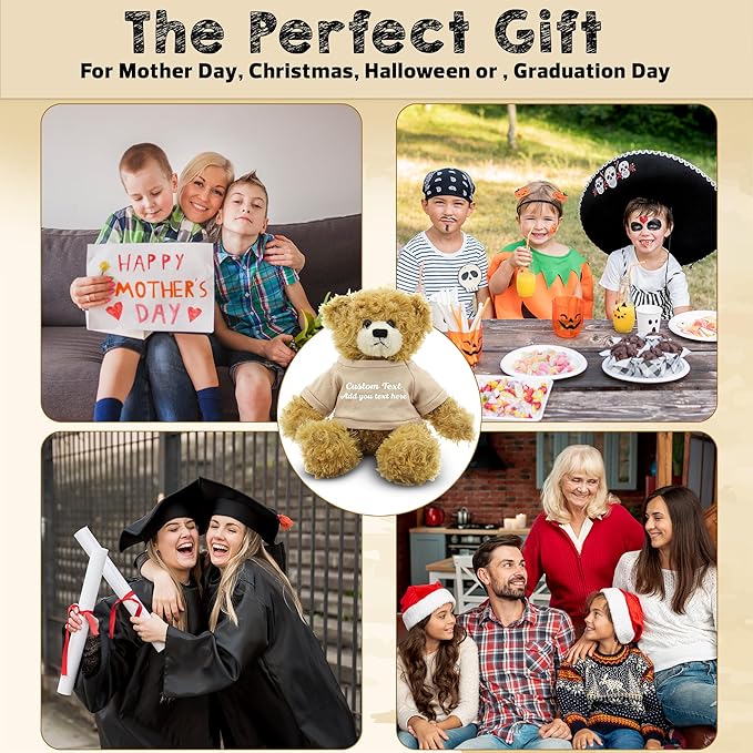 Customized Beige Brandon Bear - 12 inch Personalized Stuffed Bear Plush Toy - Perfect Custom Shirt Bear Gift for Graduation Valentines Graduation Easter Holidays (Tan Shirt)