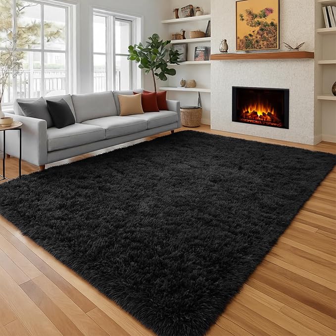 PAGISOFE 6x9 Ft Fluffy Bedroom Rugs, Black Modern Living Room Area Rug, Fuzzy Shaggy Carpet, Indoor Plush Nursery Rugs for Kids Room, Furry Floor Rug for Boys Room, Carpet for Teen Dorm Room Decor