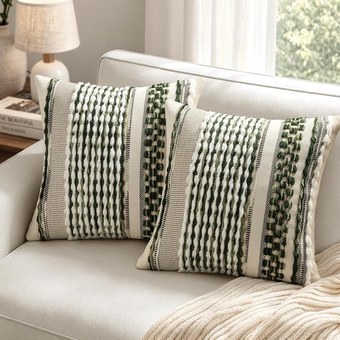 ANRODUO Boho Decorative Pillow Covers Plush Olive Green 20x20 Pack of 2 | Throw Pillow Covers, Soft Plush Tufted Farmhouse Cushion Case, Pillow Covers, Accent Neutral Pillowcase for Sofa Couch Bed