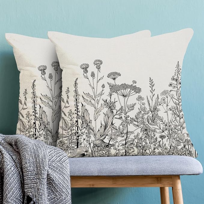 AEIOAE Black White Gray Pillow Covers 18x18 Inch Set of 2, Spring Wildflower Plant Throw Pillows Case,Seasonal Floral Outdoor Decorative Flowers Farmhouse Decor Cushion Covers for Home Sofa Bed Couch