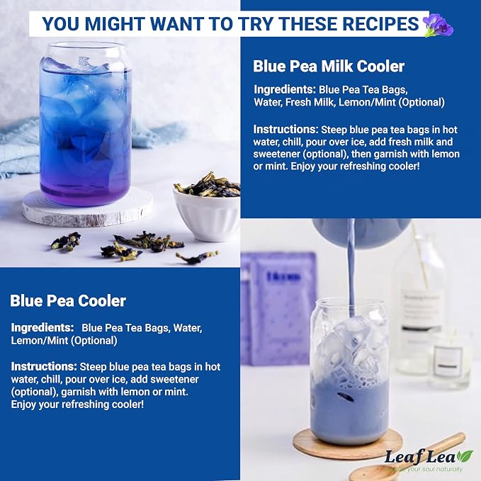 LeafLea Butterfly Pea Tea Bags, 100% Butterfly Pea Flowers, 80 Count | Natural Herbal Tea For Blue And Purple Drinks, Mocktails, Food Coloring, Caffeine-Free, Sugar-Free, Non-GMO, Pack Of 2