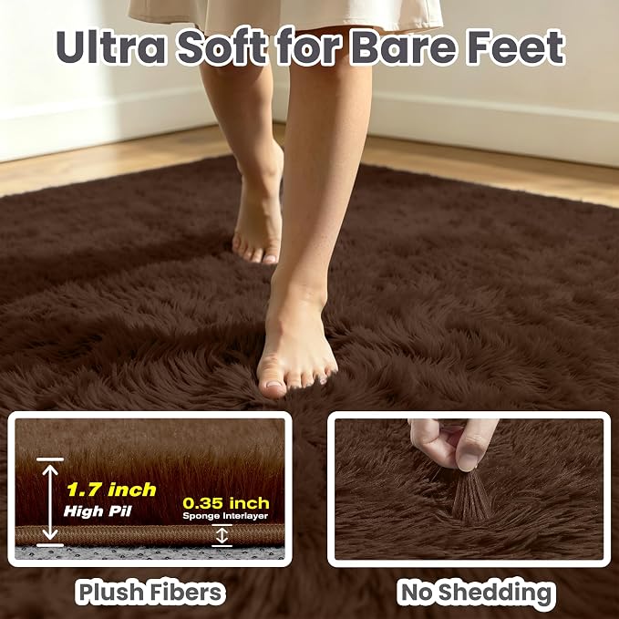 8x10 Area Rug for Living Room, Ultra Soft Fluffy Brown Rugs for Bedroom, Non Slip Large Shag Carpet, Fuzzy Plush Nursery Rug, Thick Washable Indoor Floor Carpets for Kids Office Dorm Home Decor