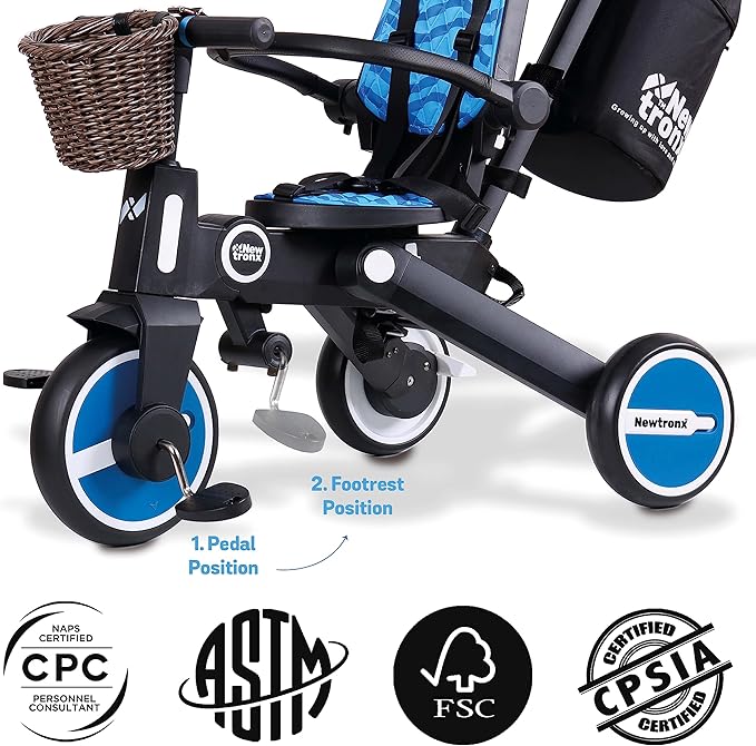 Adventure Pro Summer Edition - Foldable Tricycle for Toddlers-Big Canopy, Basket,Travel Backpack and Parent Bag - Toddler Tricycle for Ages 10 Months to 5 Years (Waves/Blue)