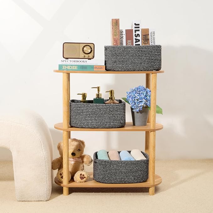MiniArk Small Storage Baskets for Organizing | Closet Organizer Bins | Shelf Toy Basket | Woven Rope Baskets | Cube Decorative Box | Shallow Basket | 13x8.5x5.1” | 3 Packs Dark Gray