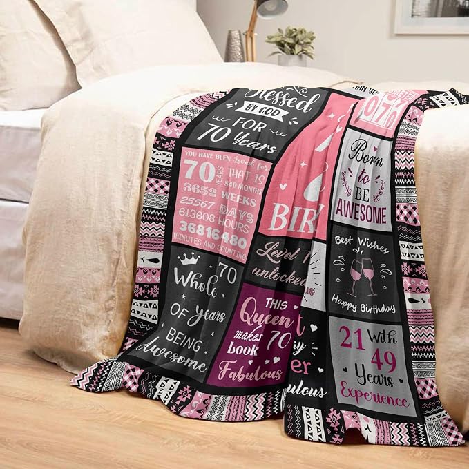 Ivivis 70th Birthday Gifts for Women, Happy 70th Birthday Decorations, 1956 Birthday Gifts for 70 Year Old Woman, Soft Flannel Pink Throw Blanket 60”X50”