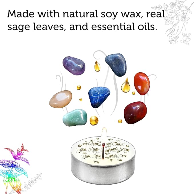 SOUL STICKS 12 Pack Little Smudgies Tealight Candles Smudge Candle for Cleansing House, Meditation, Chakra Healing | Made with Crystals and Herbs (7 Chakra)