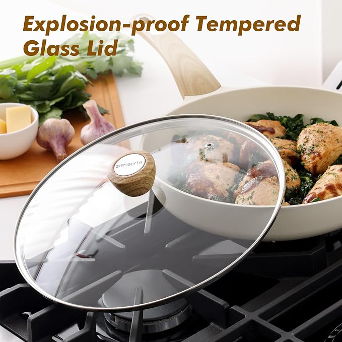 SENSARTE 8inch Ceramic Nonstick Frying Pan Skillet with Lid, White | Non Stick Omelet Pans, Non-toxic Healthy Kitchen Cooking Chefs Pan, PFOA/PFAS/PTFE Free, Induction Compatible
