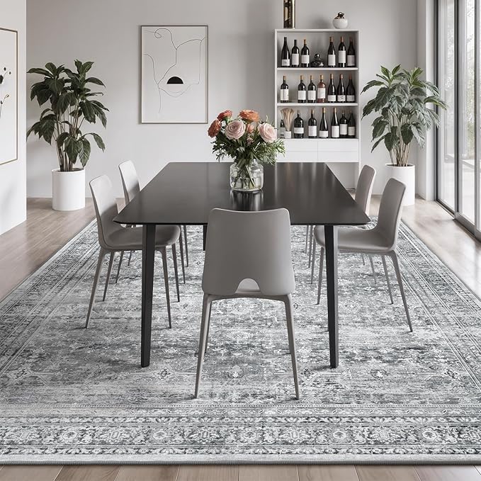 8x10 Area Rug for Living Room, Non-Slip Washable Grey Large Carpet | Soft Neutral Rugs for Bedroom, Dining Room, Home Office Indoor Nursery, Stain Resistant, Low Pile, Vintage Distressed Rug