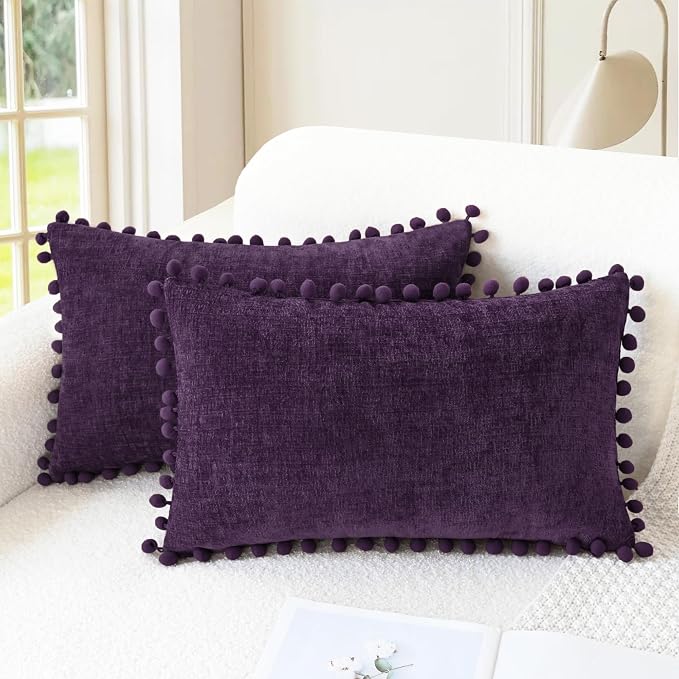 CaliTime Decorative Couch Throw Pillow Covers 20 X 12 Inches Plum Purple | Pack of 2, Cozy Chenille Cushion Cases, with Pom Poms for Sofa Bed Living Room Farmhouse Home
