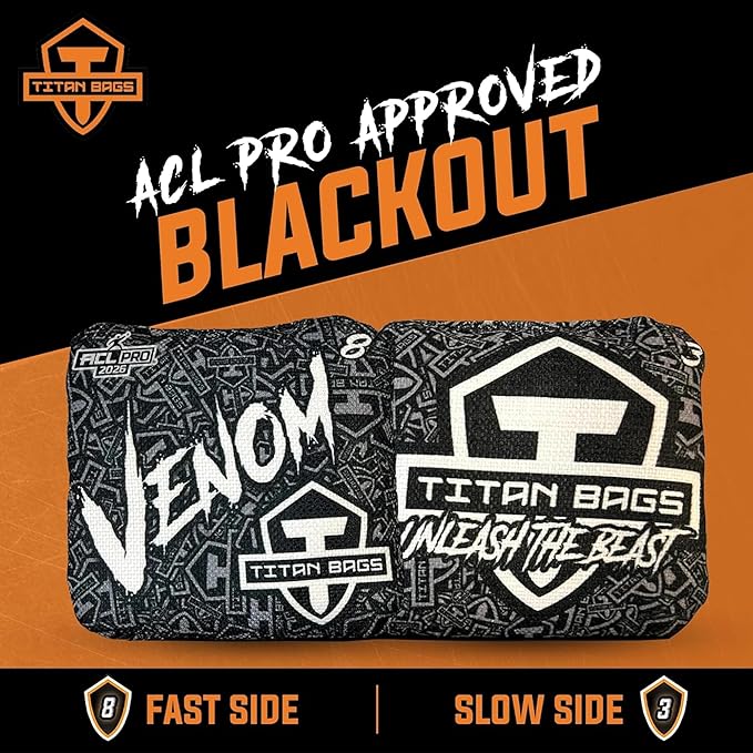 Titan Bags Venom Cornhole Bags - 6" x 6" ACL PRO Approved Cornhole Bean Bags for Tournaments - Versatile & Durable Regulation Cornhole Bags Ideal for Indoor/Outdoor Toss Sports & Games (4 Pack)
