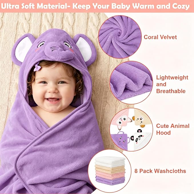 12 PCS Baby Bath Towels Set for Infants Toddlers, 4 PCS Animal Hooded Baby Towels & 8 PCS Washcloths Set, Ultra Absorbent Newborn Bath Essentials Gifts for Boys & Girls