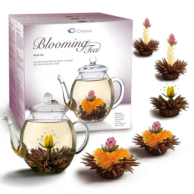 Creano Flowering Tea – Flower Tea Ball Gift set with 17oz Glass Teapot - Black tea