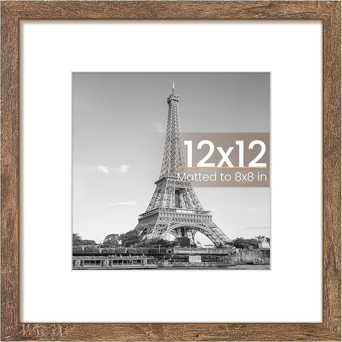 upsimples 12x12 Picture Frame, Display Pictures 8x8 with Mat or 12x12 Without Mat, Wall Hanging Photo Frame, Rustic brown, 1 Pack