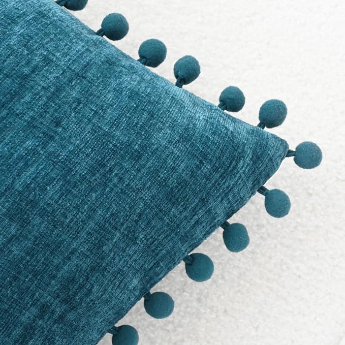 CaliTime Decorative Couch Throw Pillow Covers 22 X 22 Inches Ocean Blue | Pack of 2, Cozy Chenille Cushion Cases, with Pom Poms for Sofa Bed Living Room Farmhouse Home