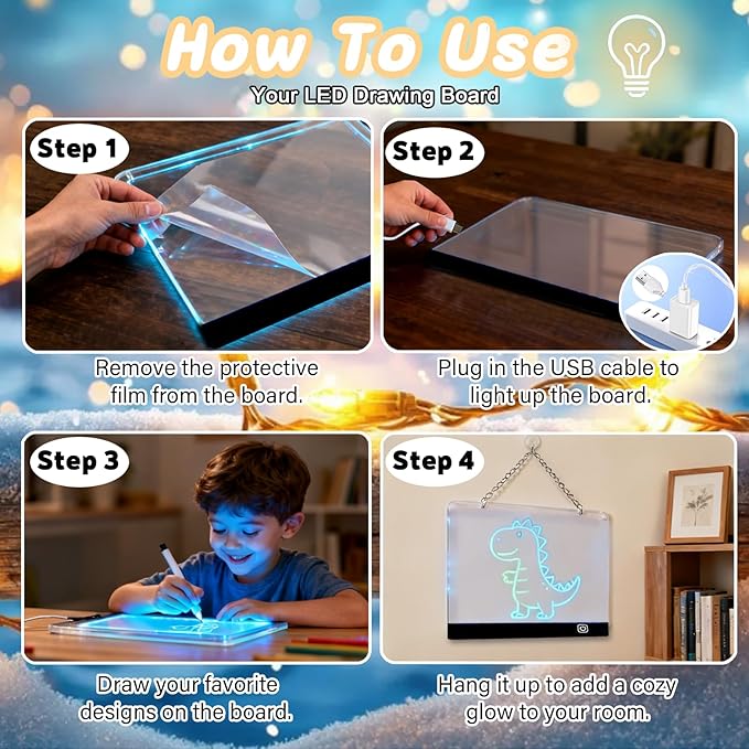 2026 Battery Powered LED Drawing Board for Kids Ages 6+, 13.7"x10" Light Up Dry Erase Note Board with Colors, 7 Color Modes, Portable Acrylic Glow Board with Stand, Markers, Spray Bottle