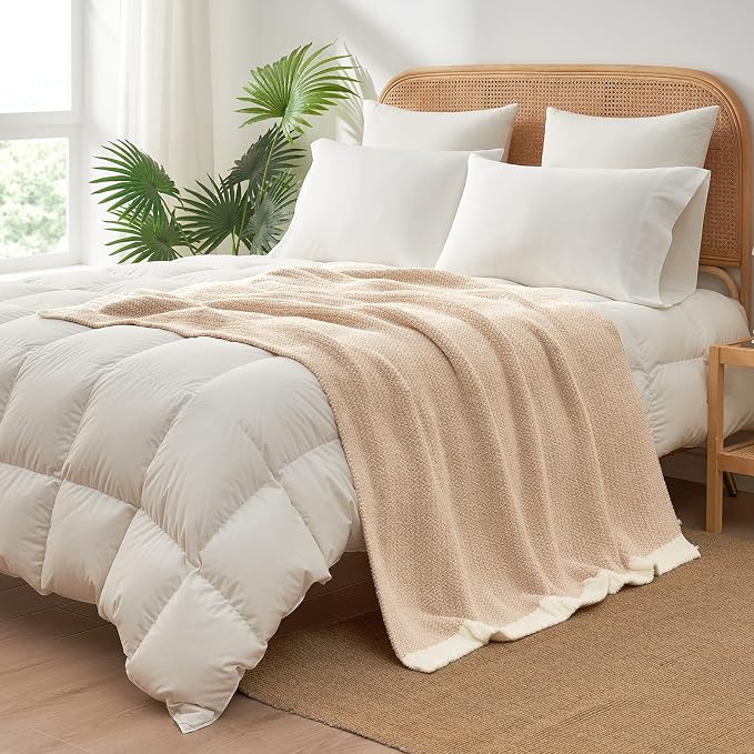Snuggle Sac Heather Throw Blanket for Couch, Reversible Super Soft Blankets Warm Cozy Knit Fuzzy Plush Lightweight for Sofa, Bed, Camping, Picnic (Heather Beige, Throw(50"x60"))