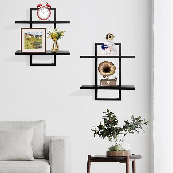 Floating Shelves for Wall,Decorative Wall Shelves Black,Plants Shelf Framed | Square Wall Decor,Art Sconces Artificial Vases Hanging Storage Shelf for Bathroom Living Room Elegant,Wood,2 Tier,Set of 2