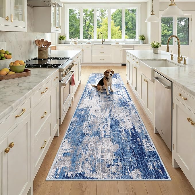 RELEANY Washable Runner 3'x9' Abstract Area Rug for Hallway Blue Gray | carpet for kitchen, entryway, bathroom, living room, bedroom, printed pattern, non-slip, soft, stain-resistant, easy to clean