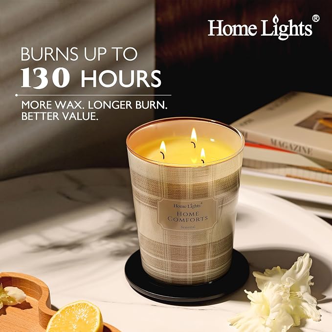 HomeLights Home Comforts Scented Candles | 34oz Soy Candles Rustic Modern 3-Wick Large Candle Jars | Ideal Candle Gifts for Events, Home Decor Stress, Relief & Relaxation