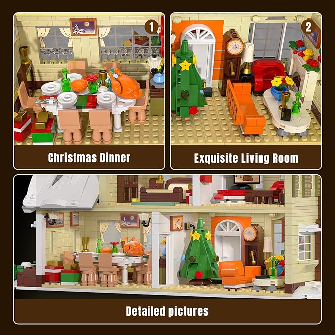 Christmas Holiday House Building Blocks Set, Christmas Village House Building Kit with Warm LED Lights, Christmas Toys, Winter Collection, Retro for Adults and Kids(2069PCS)