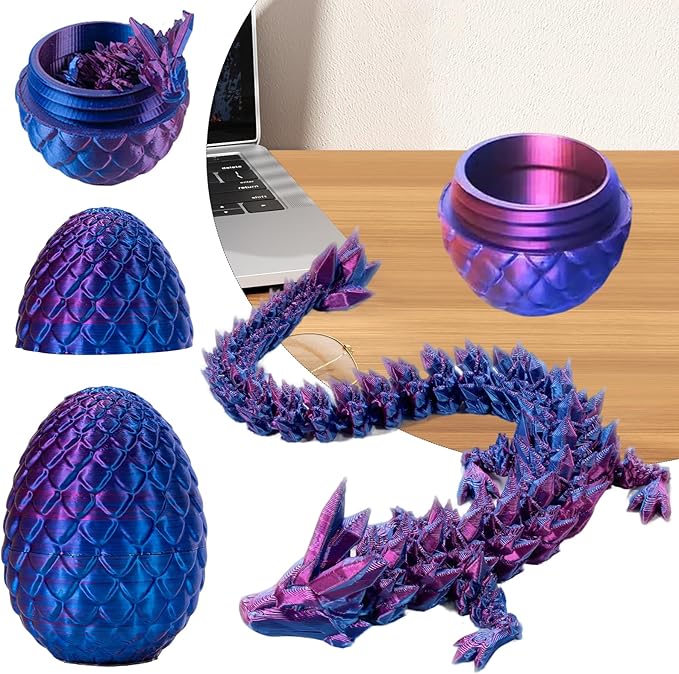 3D Printed Dragon Egg with Articulated Dragon Inside, Fidget Toys for Adults Stress Relief, Unique Dragon Figurine Toys Birthdays Kids Valentines Day Gifts for School (Laser Violet)