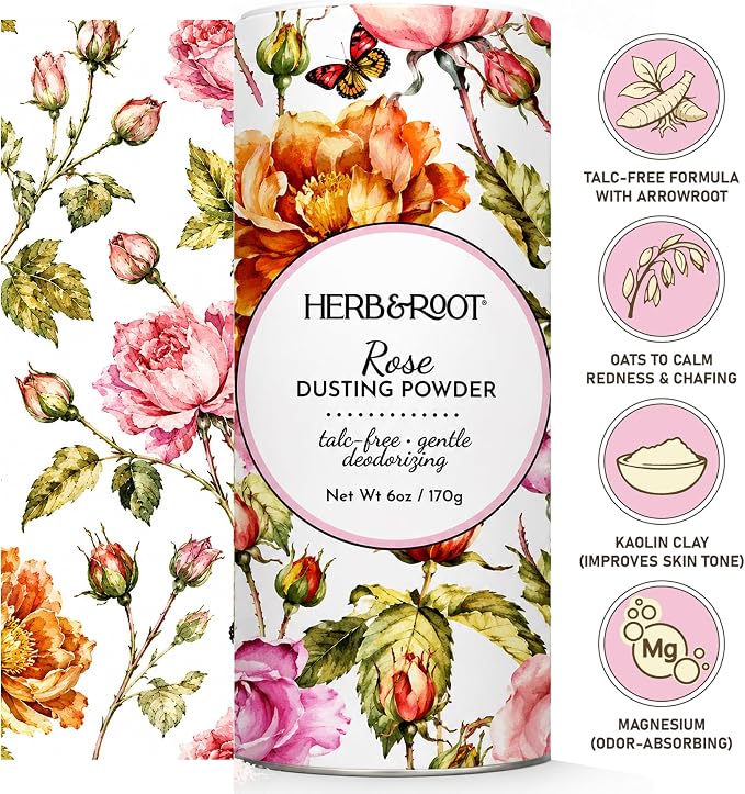 Herb & Root Talc Free Body Dusting Powders. Rose, Vanila, Sandalwood, Lavender, Jasmine, and Gift Sets (Full Size, Rose)