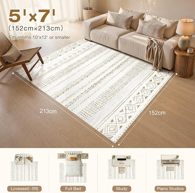 cotiled 5x7 Area Rugs Living Room Rug: Washable Boho Rugs with Non Slip Backing Large Soft Indoor Stain Resistant Carpet for Bedroom Farmhouse Dining Room Lightweight Home Decor Brown/Cream