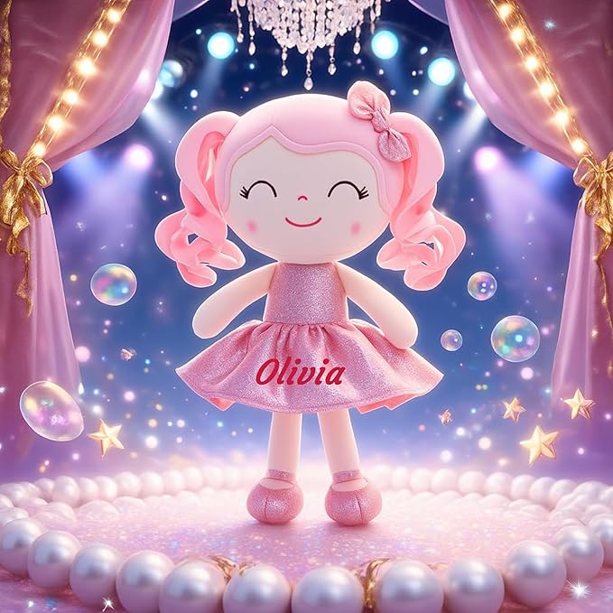 Gloveleya Personalized Baby Doll – 12” Soft Rag Doll with Custom Name Printing, Curly Hair Pink Dress, Keepsake Plush Toy, Perfect Birthday, Christmas for Girls
