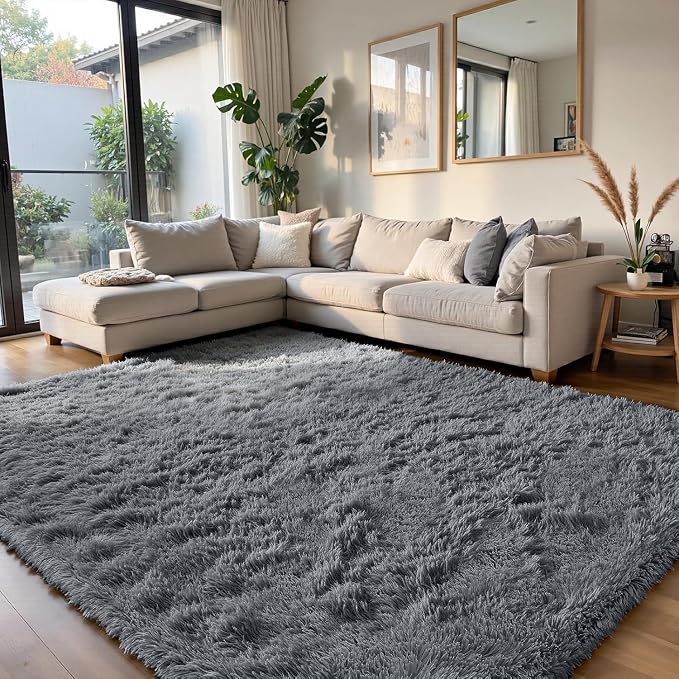 yongyangjuxin Fluffy Rug Shag Area Rug, Grey 8x10 Area Rugs for Living Room, Large Shag Area Rugs for Bedroom Room Home Decor, Upgrade Anti-Skid Rectangular Fuzzy Rugs