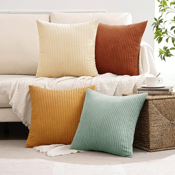 MIULEE Soft Corduroy Decorative Throw Pillow Covers Teal-Rust 16x16 | Set of 4, Mordern Rustic Home Decor, Retro Vintage Set, Boho Farmhouse Cushion Covers for Couch Bed Sofa Living Room