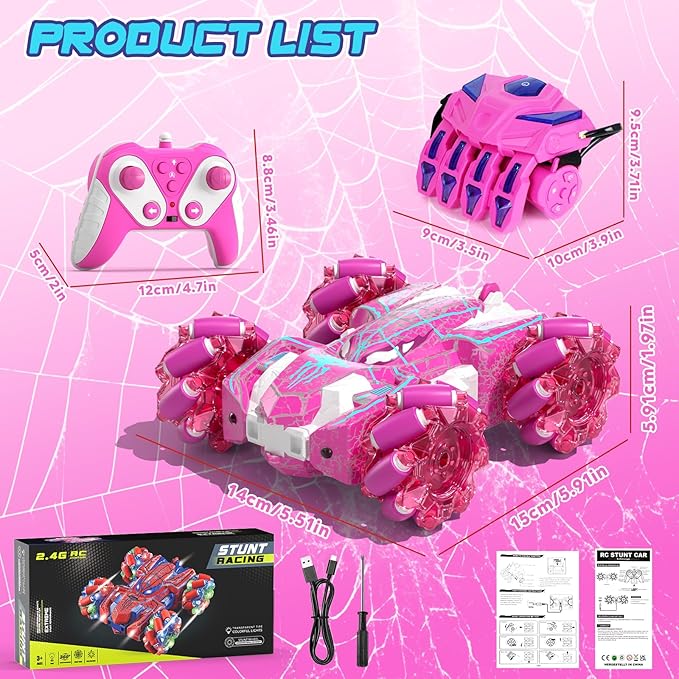 Spider Toys for Girls 4 5 6 7 8 9 10 11 12, Gesture Sensing Remote Control Car, Double Sided RC Cars with Full-Body Light, 2.4GHz Hand Controlled Rechargeable RC Stunt Car